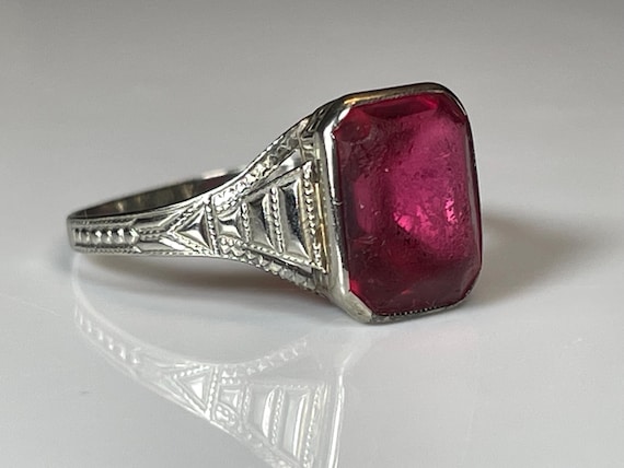 Art Deco Bezel Set Ruby Paste Ring in 10K White G… - image 2