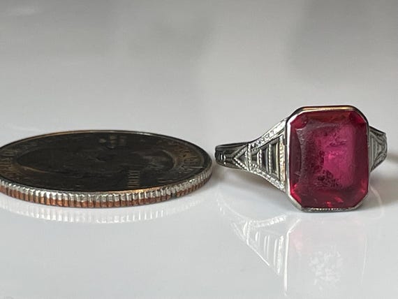 Art Deco Bezel Set Ruby Paste Ring in 10K White G… - image 6