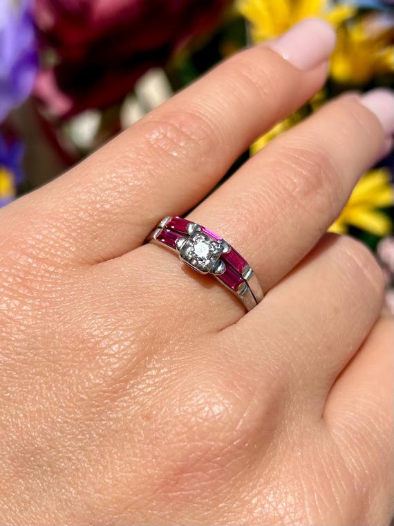 Art Deco Transitional Cut Diamond Ruby Baguette R… - image 2