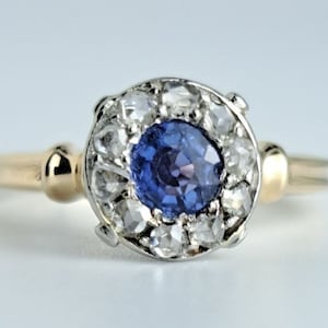 Art Deco Sapphire Rose Cut Diamond Ring in Platinum and 14K Gold