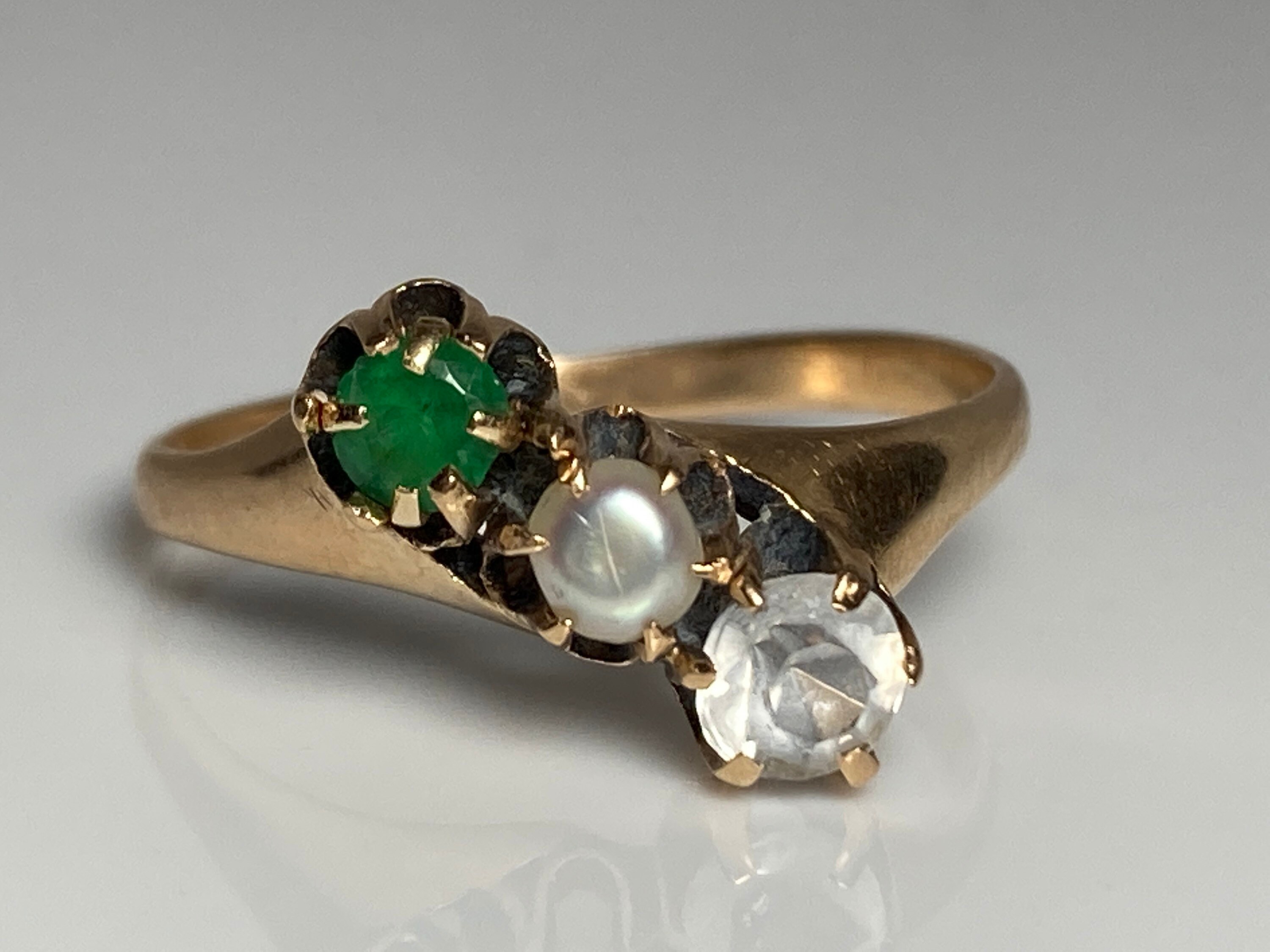 Antique JR Wood Emerald Pearl and Paste Acrostic Ring in 14K Yellow Gold Victorian Era