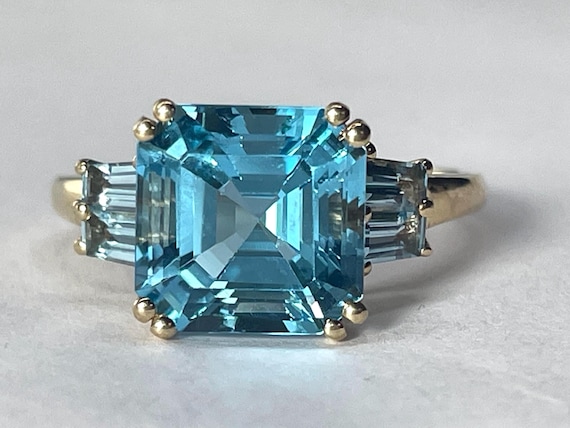 Vintage Asscher Cut Blue Topaz Ring With Baguettes in 14K Yellow
