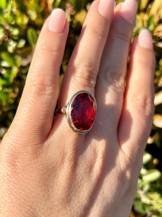 Edwardian Bezel Mount Large Ruby Paste Ring in 10… - image 13