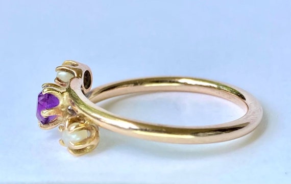 Victorian 10K Gold Amethyst Seed Pearl Bypass Ring - image 4