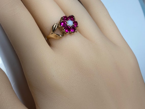 Antique Pink Ruby Opal Flower Ring in Yellow Gold - image 10