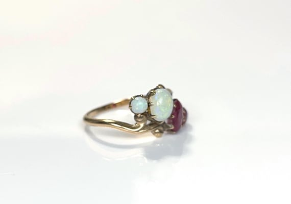Art Nouveau Oval Opal Ruby Ring in 10K Yellow Gold - image 4