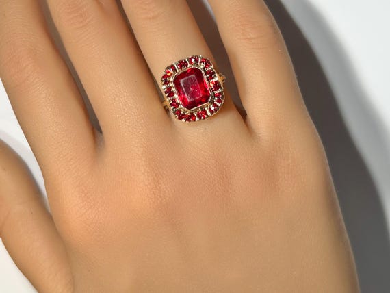 Victorian Bezel Mount Ruby Paste Ring in 10K Yell… - image 12