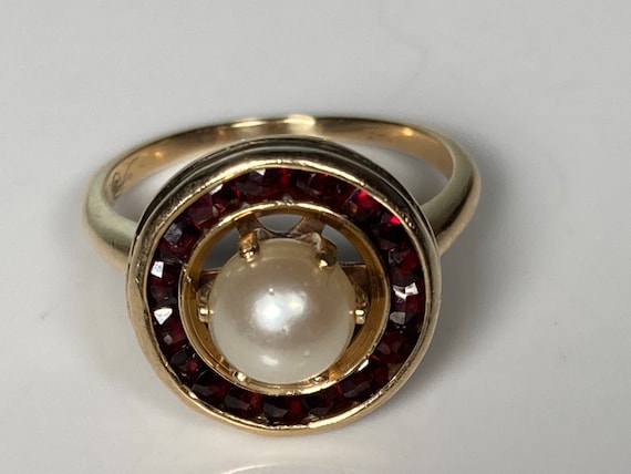 Art Deco Halo Bohemian Garnet Pearl Target Ring i… - image 5