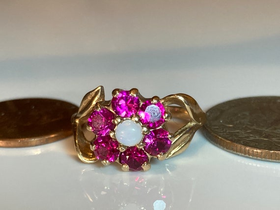 Antique Pink Ruby Opal Flower Ring in Yellow Gold - image 6