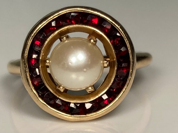 Art Deco Halo Bohemian Garnet Pearl Target Ring i… - image 6