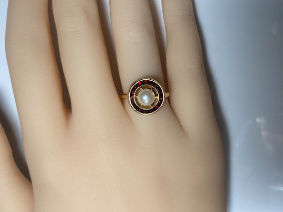 Art Deco Halo Bohemian Garnet Pearl Target Ring i… - image 9