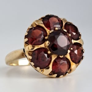 Heavy Victorian Garnet Cluster Ring in 14K Yellow Gold