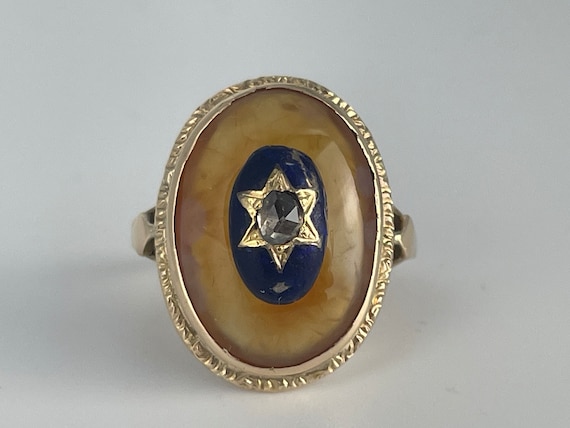 Antique Rose Cut Diamond Eye Agate Enamel Ring 14… - image 1