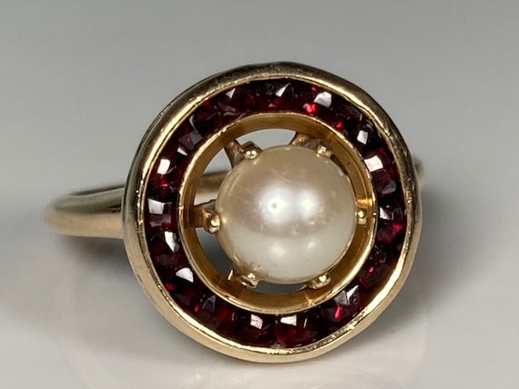 Art Deco Halo Bohemian Garnet Pearl Target Ring i… - image 2