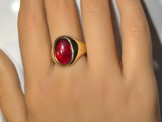 Victorian Ruby Paste Cabochon Gypsy Ring in 14K Y… - image 14