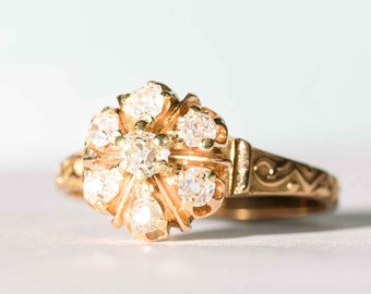 Antique Victorian 1ct Mine Cut Diamond Cluster Ring in 14K Yellow Gold