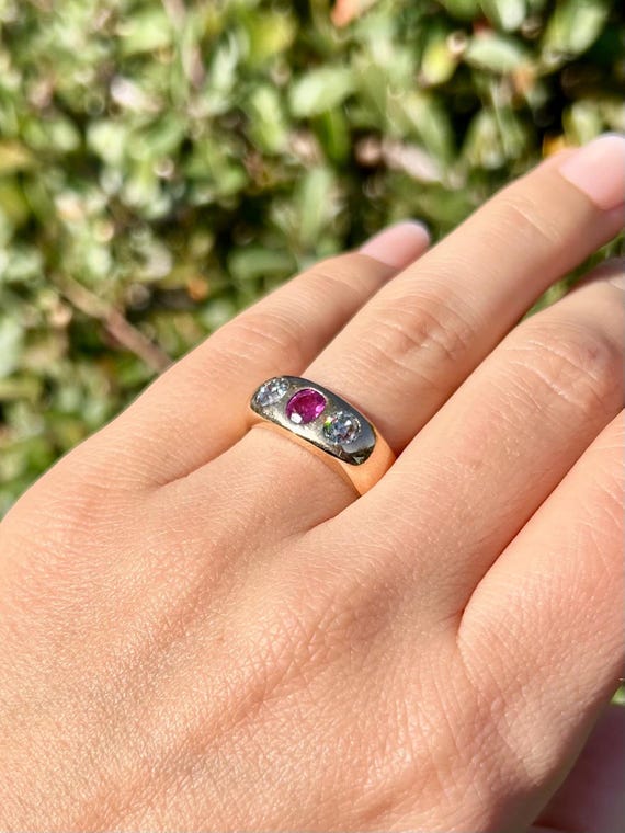 Heavy Antique Dated 1893 Ruby Mine Cut Diamond Gy… - image 11