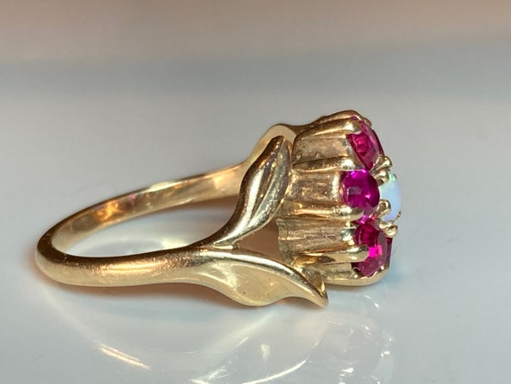 Antique Pink Ruby Opal Flower Ring in Yellow Gold - image 3