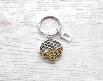 bee initial keyring, wasp keychain, personalised bag charm, insect lover gift, bug present