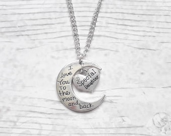 love you to the moon and back necklace, crescent moon jewellery, Luna children's necklace, night sky memorial jewelry