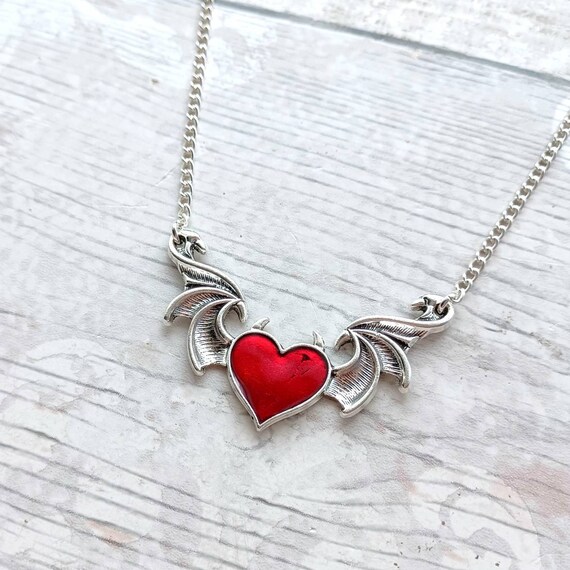Winged Heart Necklace Devil Heart With Horns Necklace Halloween