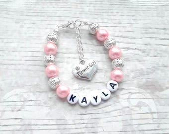 flower girl bracelet, bridesmaid bracelet, name wedding bracelet, personalised jewellery, maid of honour gift, thankyou present