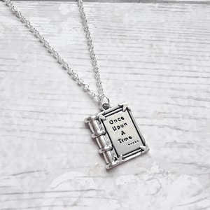 book necklace, once upon a time necklace, fairytale jewellery, fantasy jewelry, book lover gift, storybook present, initial necklace