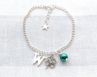 Bracciale trifoglio, bracciale trifoglio, gioielli quadrifoglio, gioielli iniziali, regalo di buona fortuna, portafortuna, regalo di laurea