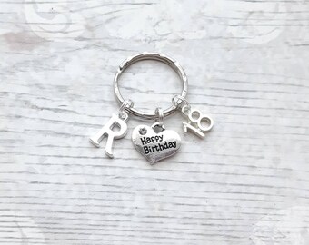 Happy birthday keyring, initial keychain, birthday keepsake, 18th 21st 30th 40th 50th 60th 70th birthday present, sweet sixteen gift