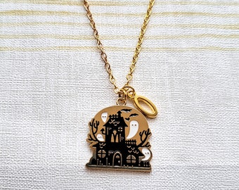 Haunted house necklace, ghost mansion jewellery, spooky halloween jewelry, gothic gift, present for witch