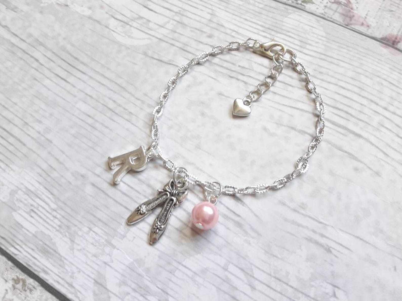 ballet shoe bracelet, ballerina slipper jewellery, dance jewelry, personalised present, initial bracelet, dancer present, gifts