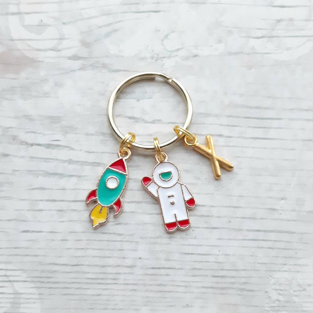 Space Key Rings Rocket Ship Keychain, Personalised Astronaut Keychain, Initial Keyring ...
