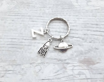 Rocket ship keychain, personalised spaceship keychain, initial keyring, planet keyring, astronaut space present, galaxy gift