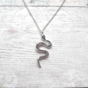 May include: A silver snake necklace featuring a detailed, textured snake pendant. The snake is coiled in a realistic pose.