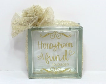 Personalized Honeymoon Fund Glass Block Box - Personalized Wedding Gift Glass Block Box