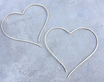 Large heart hoops, gold heart hoops, silver hear hoops, gold heart, big heart earrings, wire heart earrings, heart threader, Lg Heart Hoops