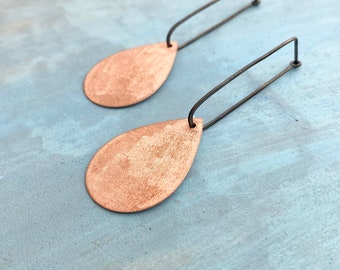 Long copper earrings, silver and copper, oxidized silver, teardrop, modern, hoops with dangle, convertible, hoops with charm, mixed metal