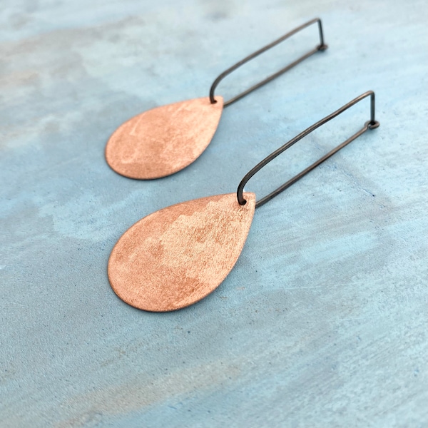 Long copper earrings, silver and copper, oxidized silver, teardrop, modern, hoops with dangle, convertible, hoops with charm, mixed metal