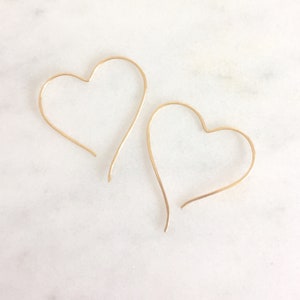 SOLID GOLD heart hoops, 14k gold, real gold, solid gold threader, recycled gold, solid gold wire, 14kt, 14 kt, gift for her