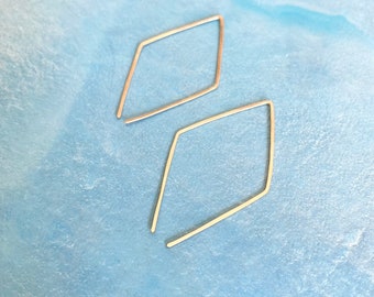 Diamond shaped threader hoops, geometric hoops, gold threader, open hoops, geometric threader, hammered hoops, gift for her, geometric gold