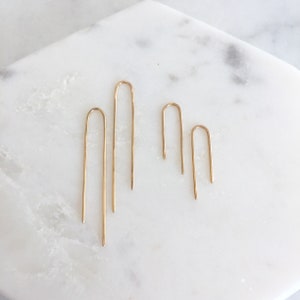 Solid yellow gold earrings, 14k gold, recycled gold hoops, solid gold threader, solid gold arc, 14 karat , 14 kt gold, 14kt Waterfall Sm image 2