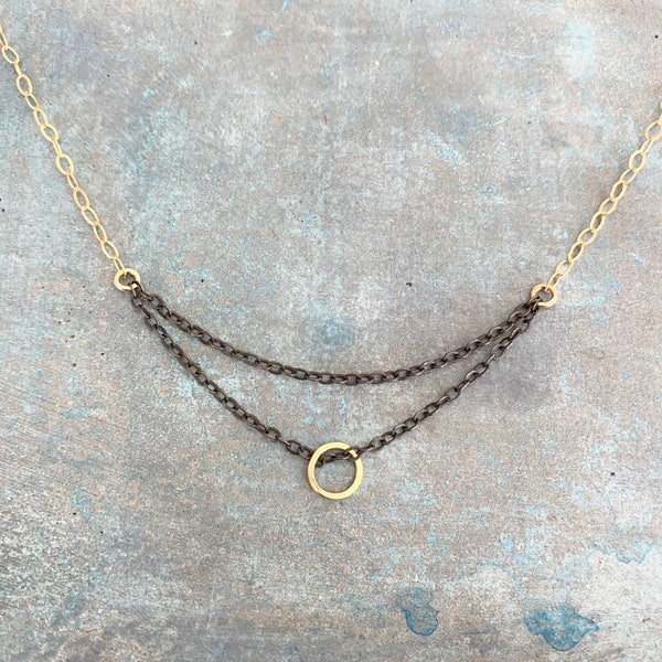 Modern necklace, mixed metal, oxidized chain, 16 inch, 18 inch, minimalist, everyday necklace, gift for her, layered pendant