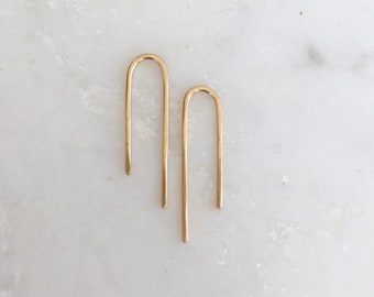 Solid yellow gold earrings, 14k gold, recycled gold hoops, solid gold threader, solid gold arc, 14 karat , 14 kt gold, 14kt Waterfall Sm