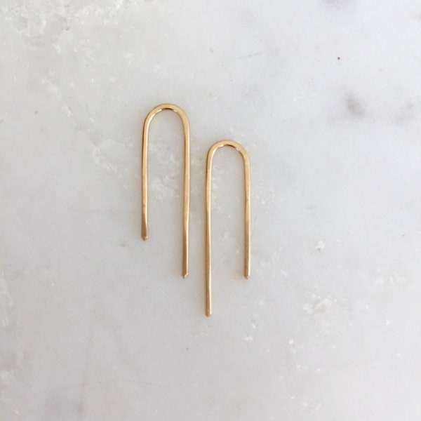 Solid yellow gold earrings, 14k gold, recycled gold hoops, solid gold threader, solid gold arc, 14 karat , 14 kt gold, 14kt Waterfall Sm