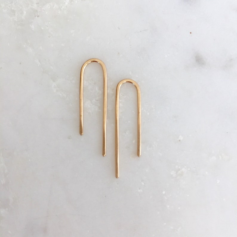 Solid yellow gold earrings, 14k gold, recycled gold hoops, solid gold threader, solid gold arc, 14 karat , 14 kt gold, 14kt Waterfall Sm image 1