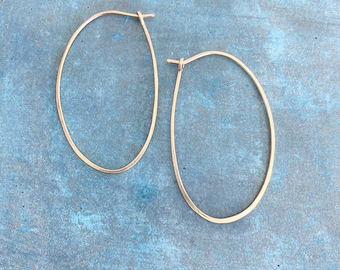 Gold filled oval hoops, 2 in long oval hoop, hammered hoop, lightweight, modern, handmade,  gift for her, everyday hoop, gift for women