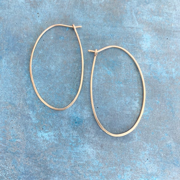 Gold filled oval hoops, 2 in long oval hoop, hammered hoop, lightweight, modern, handmade,  gift for her, everyday hoop, gift for women