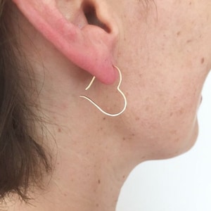 Small SOLID GOLD heart hoops, heart threader, valentines gift, 14kt gold, 14 k gold, solid gold wire earrings, gift for her, 14 kt Heart