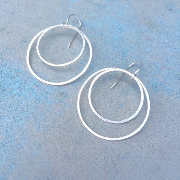 Double hoop earrings, silver dangle earrings, circle earrings, everyday earrings, kinetic earrings, eco friendly, modern earrings,