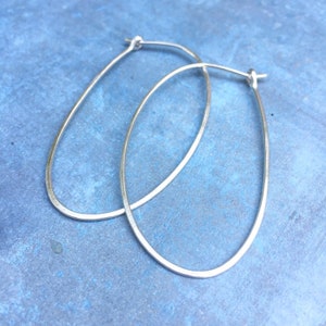 Oval hoops sterling silver, 2 in long oval hoop, hammered hoop, recycled silver, lightweight, modern, handmade,  gift for her, everyday hoop